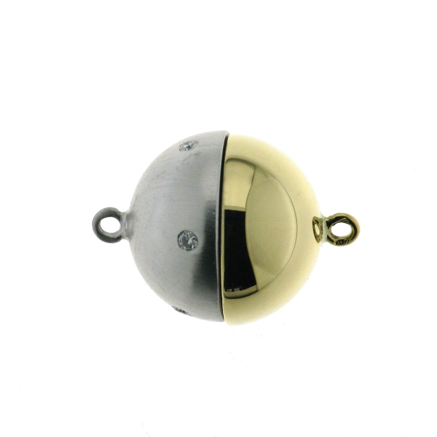 Magnetic ball clasp with diamonds, YG shiny /WG matt and Dia, 9 mm